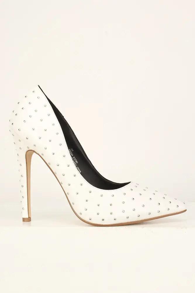 Sexy White Studded Single Sole High Heels Pumps Faux Leather - AMIClubwear