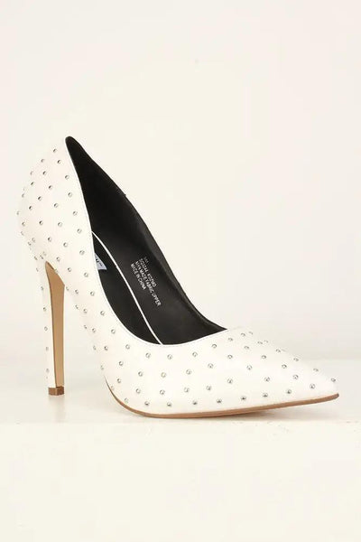 Sexy White Studded Single Sole High Heels Pumps Faux Leather - AMIClubwear