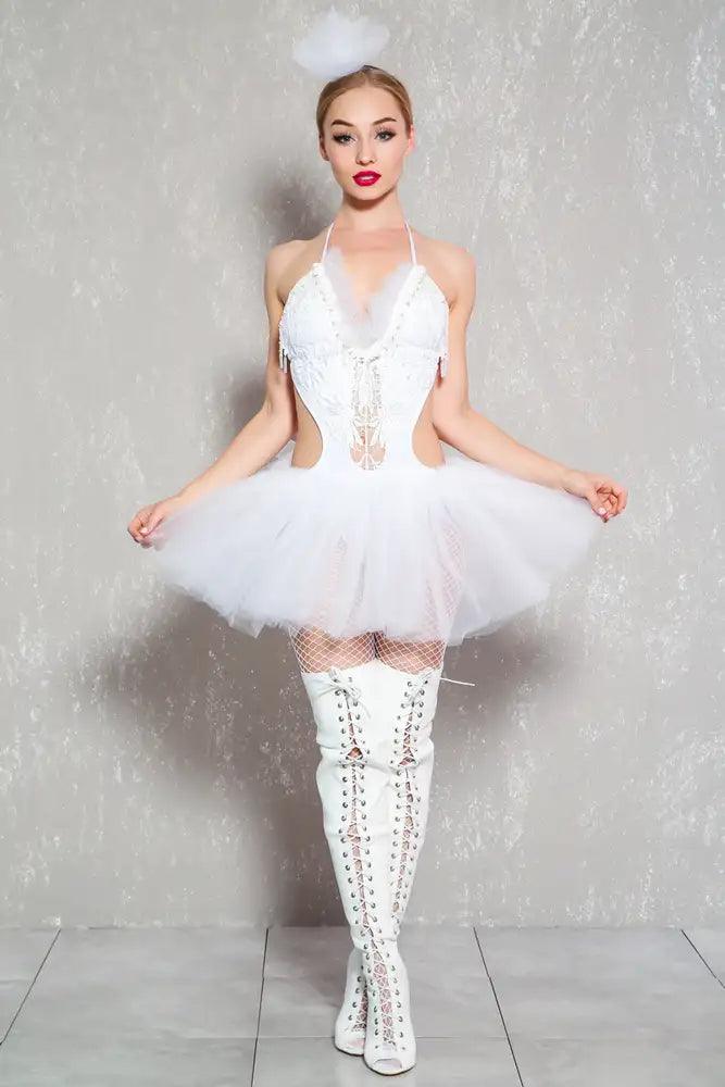 Sexy White Swan Embroider Crochet Mesh Tutu 2pc Costume - AMIClubwear