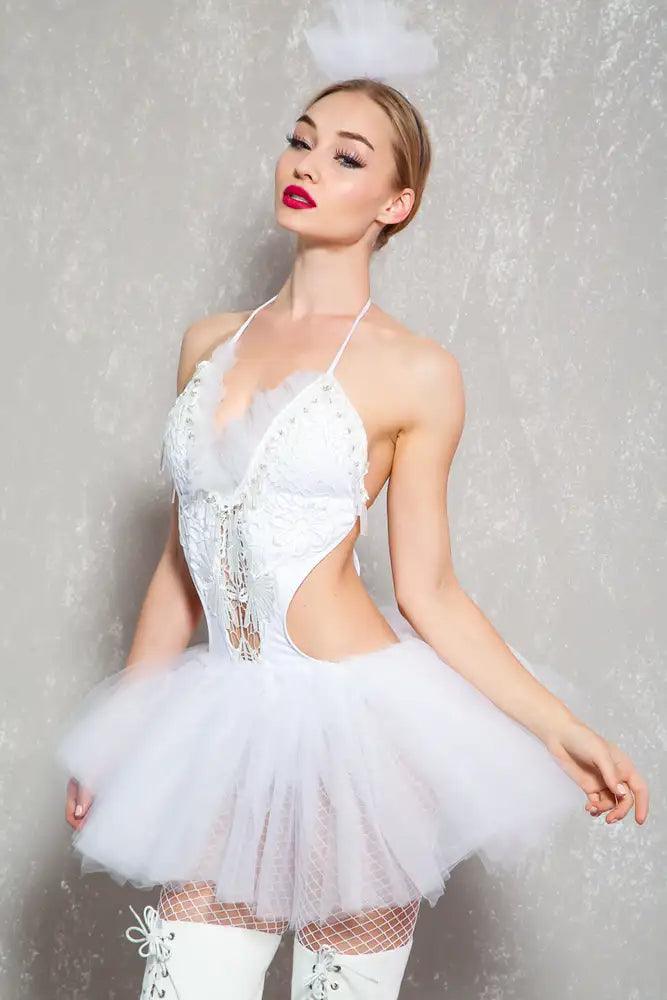 Sexy White Swan Embroider Crochet Mesh Tutu 2pc Costume - AMIClubwear