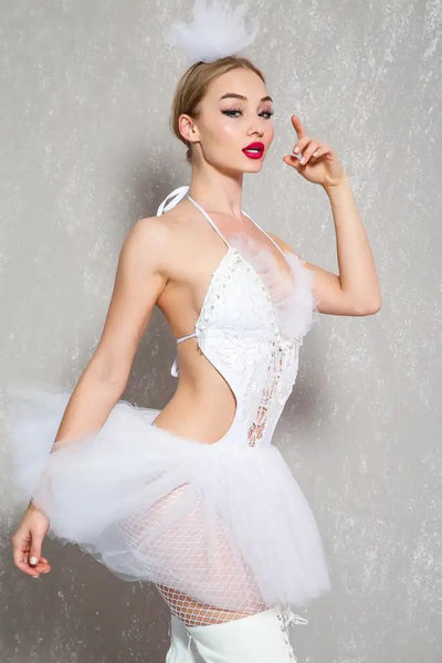 Sexy White Swan Embroider Crochet Mesh Tutu 2pc Costume - AMIClubwear