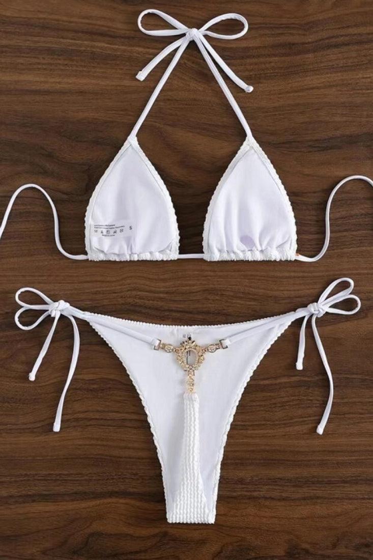 Sexy White Thong Bikini With Rhinestone Detail - AMIClubwear