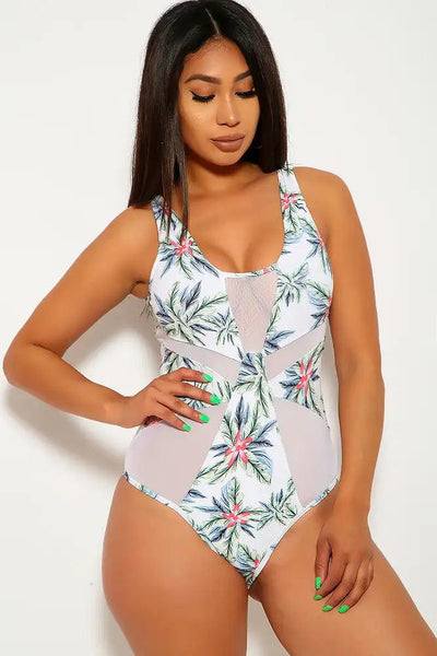 Sexy White Tropical Mesh Cut Out One Piece Swimsuit - AMIClubwear