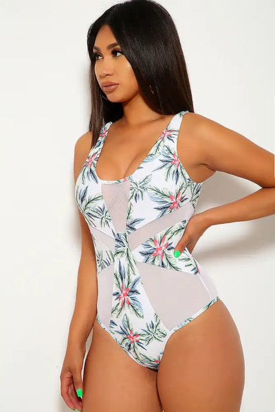 Sexy White Tropical Mesh Cut Out One Piece Swimsuit - AMIClubwear