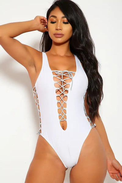 Sexy White Two Tone Lace Up Padded One Piece Monokini - AMIClubwear