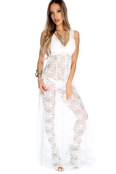 Sexy White V-Cut Neckline Sleeveless Sheer Floral Print Lace Detailing Swimsuit Cover Up - AMIClubwear