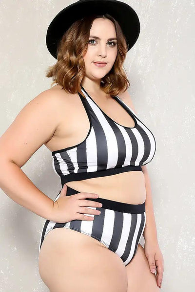 Sexy White Vertical Stripe Pattern Padded Plus Size Two Piece Swimsuit - AMIClubwear