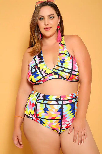 Sexy White Yellow Geometric Print Padded Plus Size Bikini Two Piece - AMIClubwear