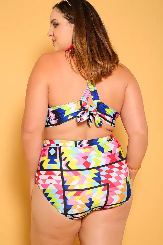 Sexy White Yellow Geometric Print Padded Plus Size Bikini Two Piece - AMIClubwear