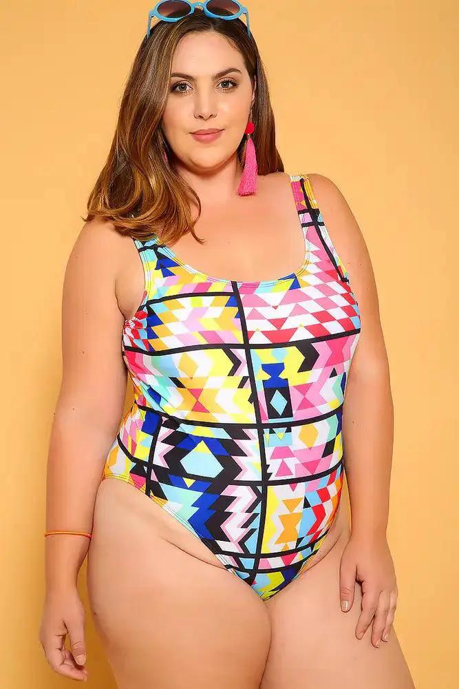 Sexy White Yellow Geometric Print Plus Size Bikini