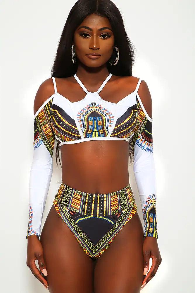 Sexy White Yellow Printed Padded Long Sleeves 2Pc. Swimsuit - AMIClubwear