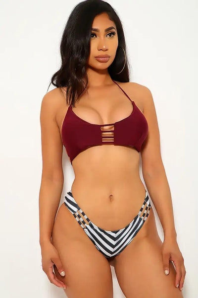 Sexy Wine Black Striped Detailing Strappy Cutouts  Two Piece Swimsuit - AMIClubwear