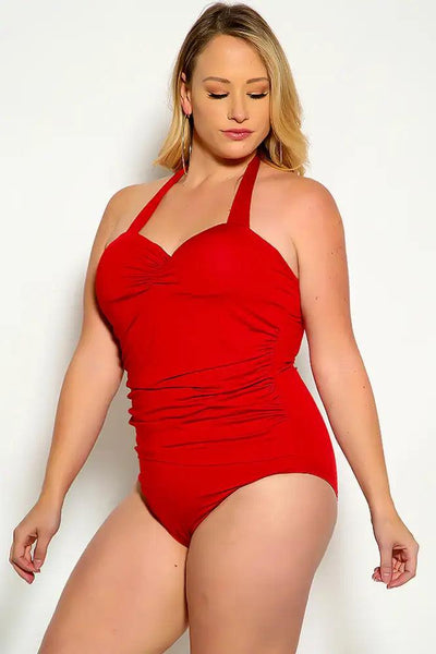 Sexy Wine Bold Halter Strap Ruched Sweetheart Neckline Overlay Plus Size One Piece Swimsuit - AMIClubwear