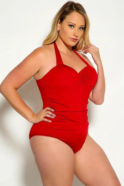 Sexy Wine Bold Halter Strap Ruched Sweetheart Neckline Overlay Plus Size One Piece Swimsuit - AMIClubwear