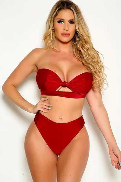 Sexy Wine Cut Out Bandeau Two Piece Swimsuit - AMIClubwear