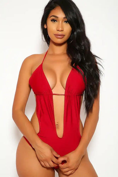 Sexy Wine Halter Cut Out One Piece Monokini Swimsuit - AMIClubwear