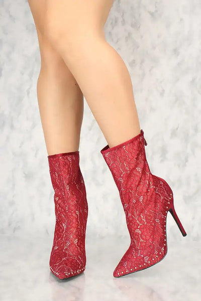 Sexy Wine Lace Pointy Toe Studded Decor Single Sole Booties - AMIClubwear