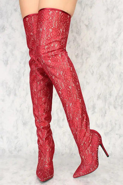 Sexy Wine Lace Studded Decor Thigh High Boots - AMIClubwear