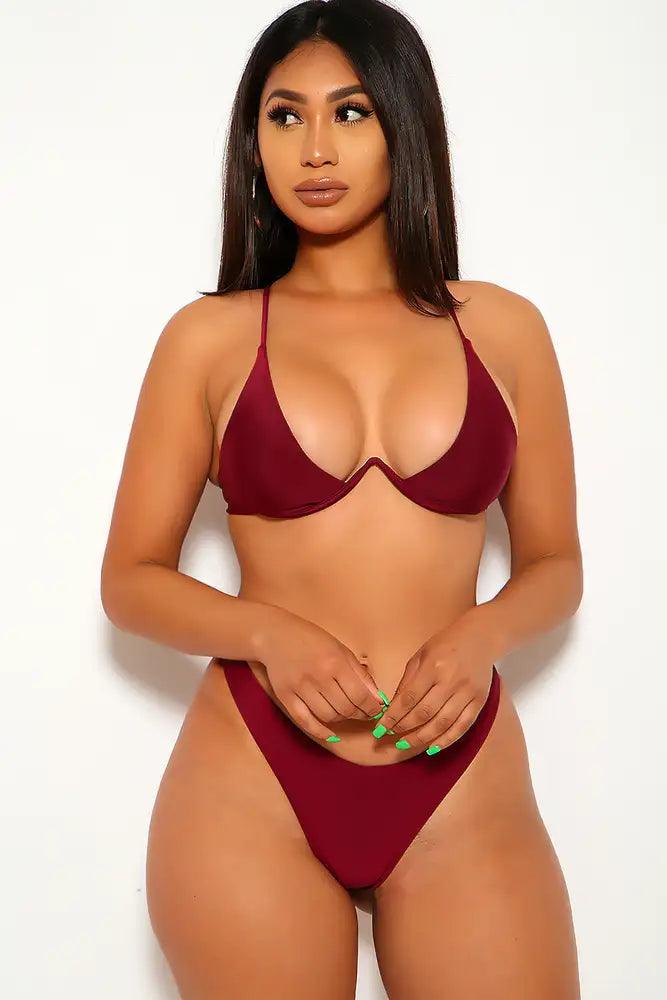 Sexy Wine Low Cut V-Wire Push Up Two Piece Swimsuit - AMIClubwear