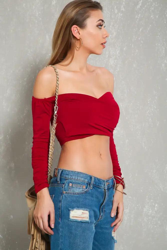 Sexy Wine Off The Shoulder Long Sleeve Crop Top - AMIClubwear