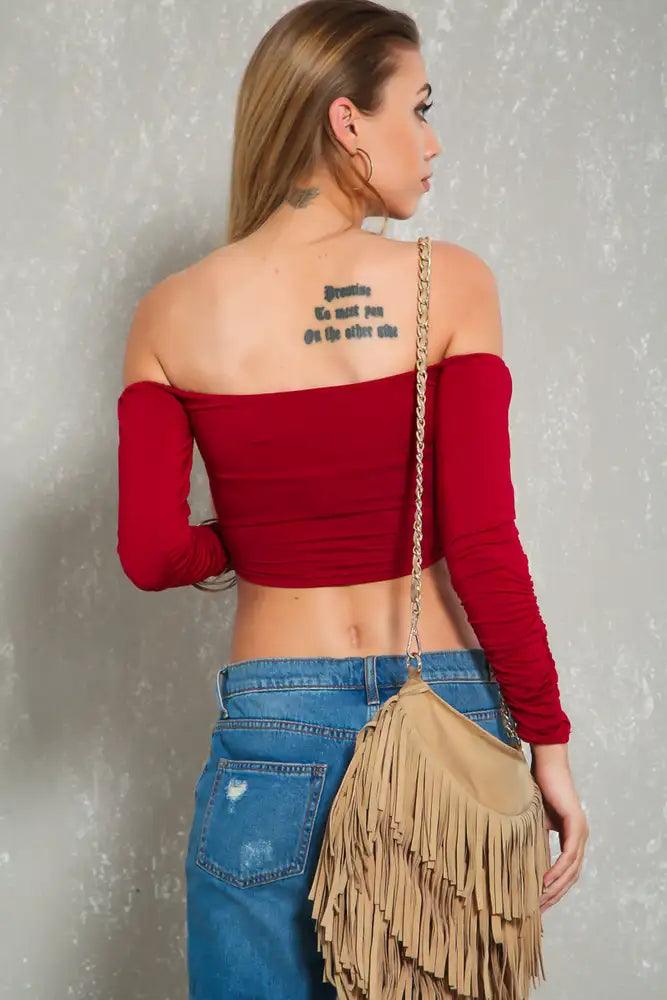 Sexy Wine Off The Shoulder Long Sleeve Crop Top - AMIClubwear