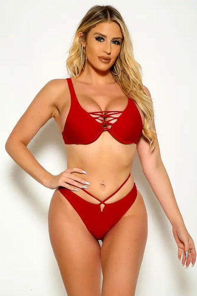 Sexy Wine Padded Cut Out Underwire Two Piece Swimsuit - AMIClubwear