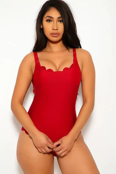 Sexy Wine Plunging Neckline Scalloped Trim One Piece Swimsuit - AMIClubwear