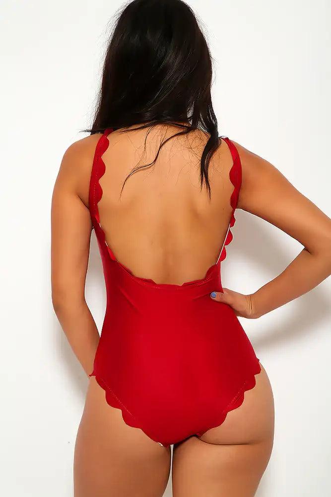 Sexy Wine Plunging Neckline Scalloped Trim One Piece Swimsuit - AMIClubwear