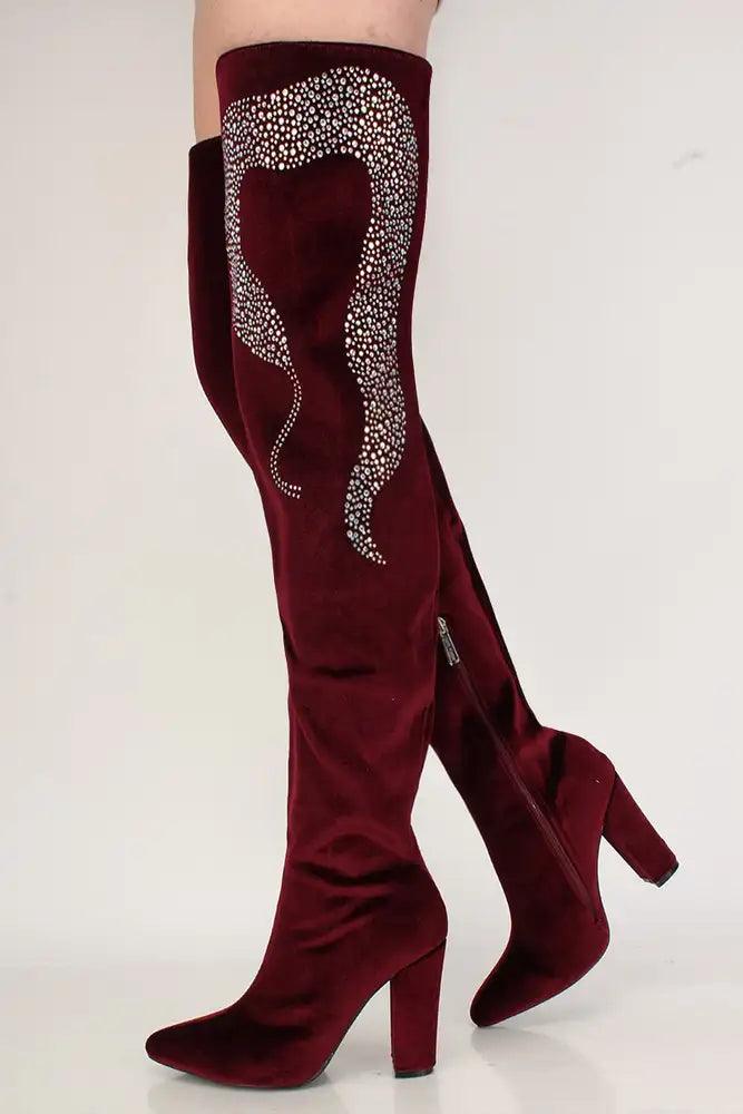 Sexy Wine Rhinestone Chunky High Heel Thigh High Boots Velvet - AMIClubwear