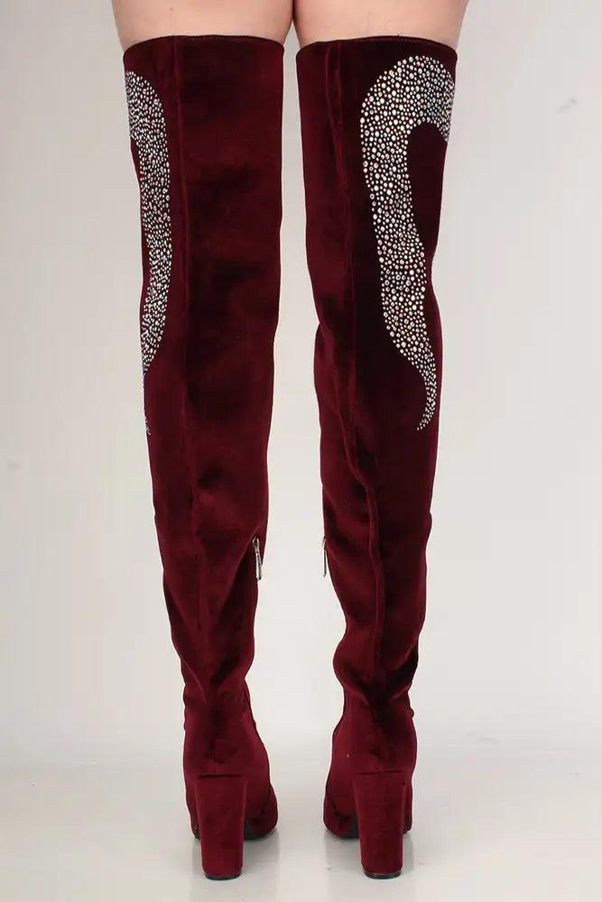 Sexy Wine Rhinestone Chunky High Heel Thigh High Boots Velvet - AMIClubwear