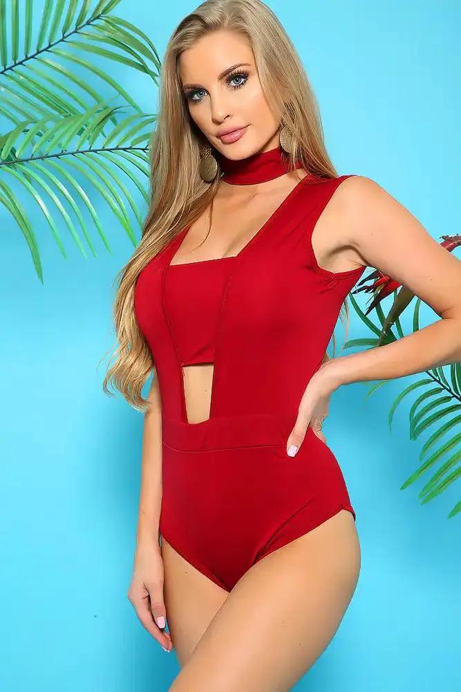 Sexy Wine Sleeveless Squared Neckline Cut-Out Mock Neck One Piece Swimsuit
