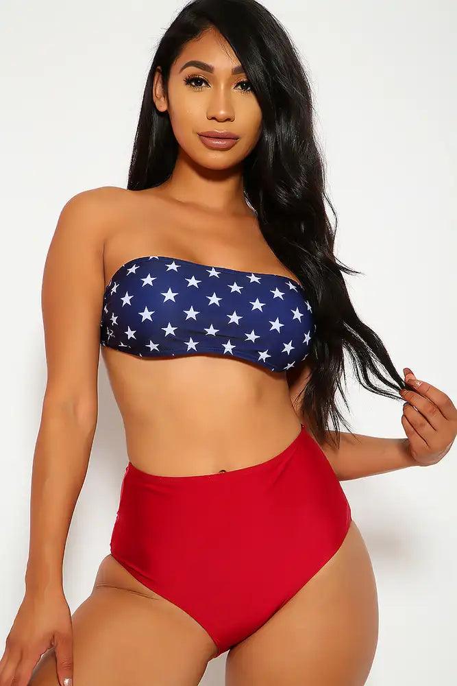Sexy Wine Stars Bandeau High Waisted Two Piece Swimsuit - AMIClubwear