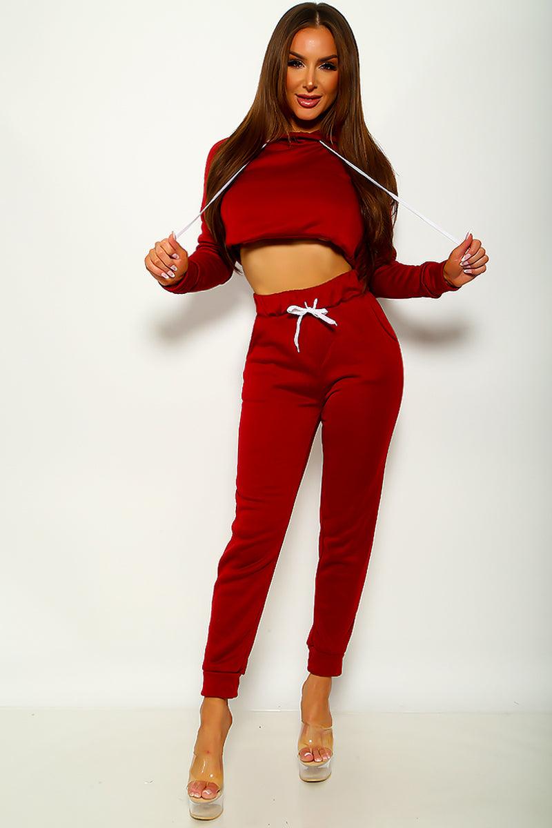 Sexy Wine Two Piece Long Sleeve Sweatsuit Outfit - AMIClubwear