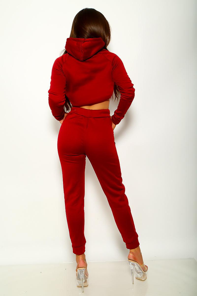 Sexy Wine Two Piece Long Sleeve Sweatsuit Outfit - AMIClubwear