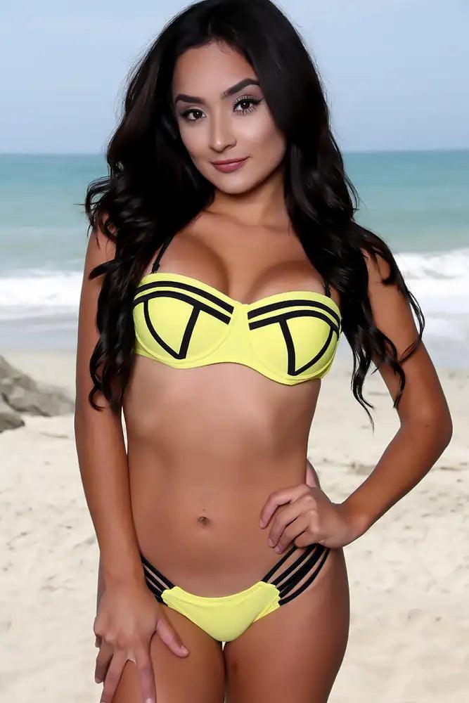 Sexy Yellow Black Halter Push Up Strappy Puckerback Two Piece Swimsuit - AMIClubwear