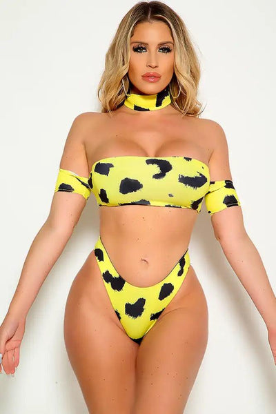 Sexy Yellow Black Printed Off The Shoulder Two Piece Swimsuit - AMIClubwear
