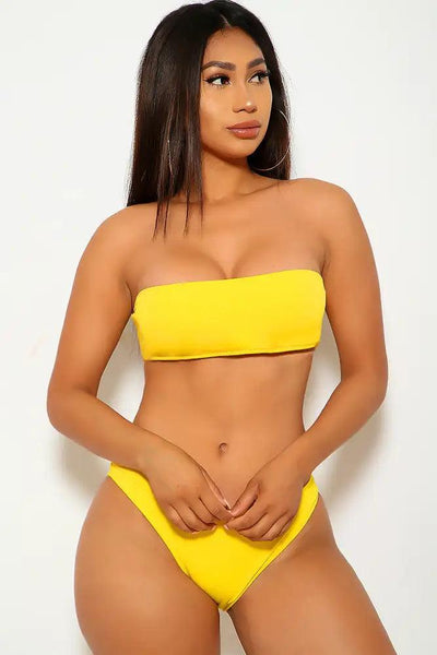 Sexy Yellow Cheeky Padded Bandeau Two Piece Swimsuit - AMIClubwear