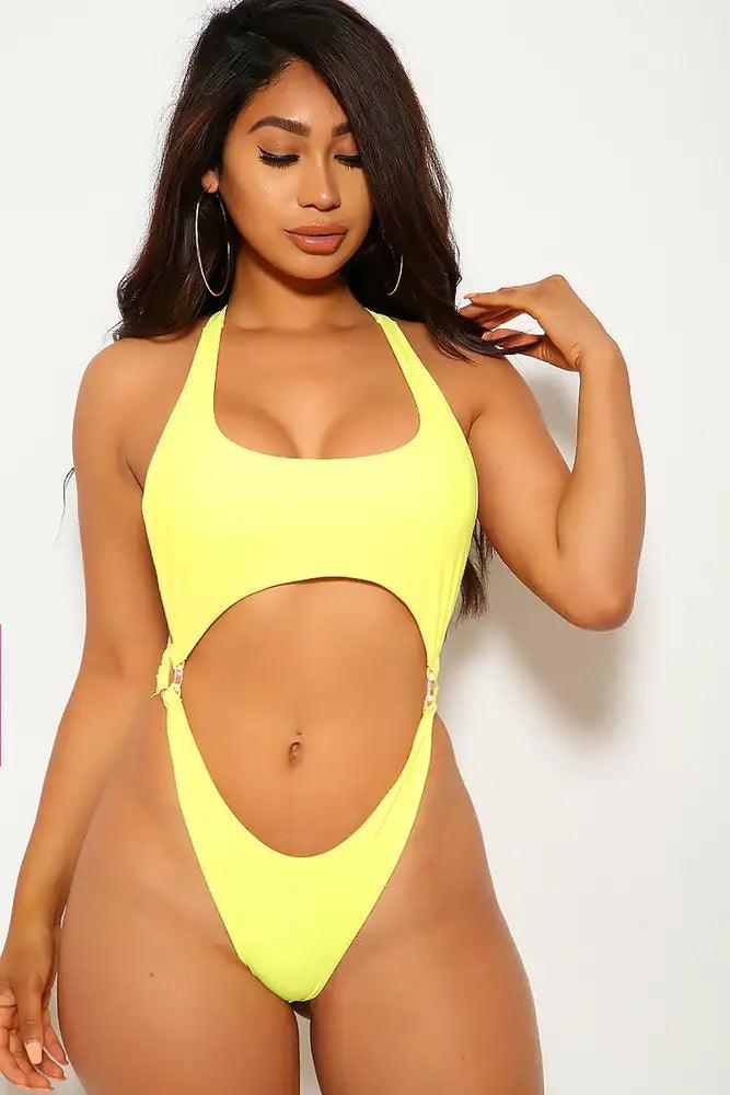 Sexy Yellow Clear O-Ring One Piece Monokini Swimsuit - AMIClubwear