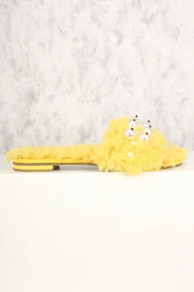 Sexy Yellow Curly Mohair Pearl Slip On Sandals - AMIClubwear