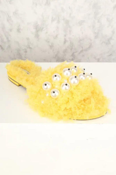 Sexy Yellow Curly Mohair Pearl Slip On Sandals - AMIClubwear