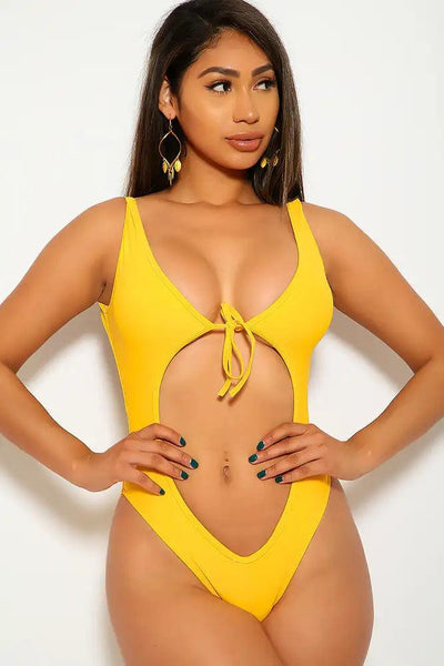 Sexy Yellow Cut Out Detailed One Piece Swimsuit - AMIClubwear