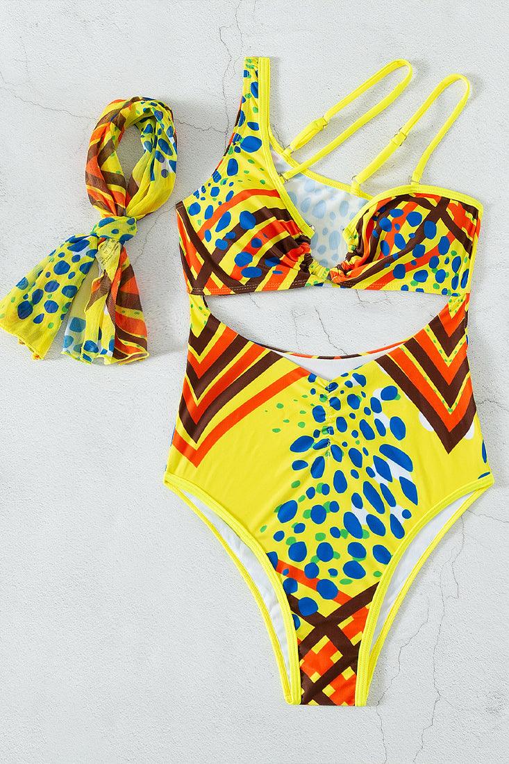 Sexy Yellow Cutout Monokini With Matching Head Scarf - AMIClubwear