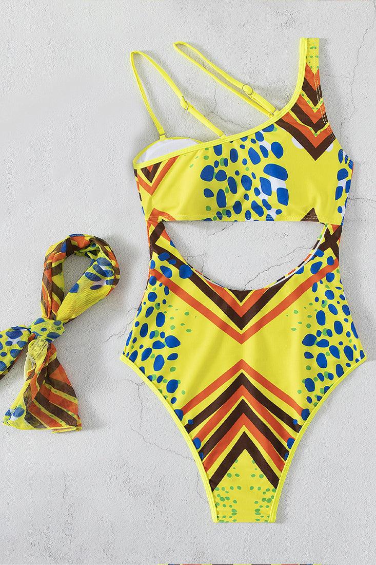 Sexy Yellow Cutout Monokini With Matching Head Scarf - AMIClubwear