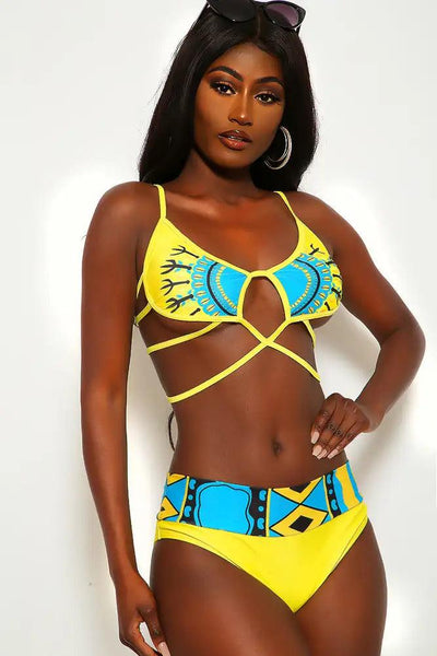Sexy Yellow Ethnic Strappy High Waist Two Piece Swimsuit - AMIClubwear
