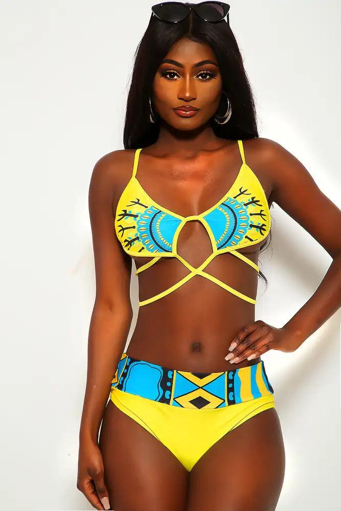 Sexy Yellow Ethnic Strappy High Waist Two Piece Swimsuit - AMIClubwear