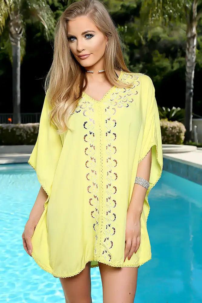 Sexy Yellow Flared Detailed Cutouts Flared Short Sleeve Sleeve Swimsuit Cover Up - AMIClubwear