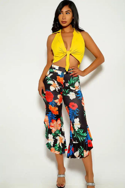 Sexy Yellow Floral Printed Front Tie Two Piece Outfit - AMIClubwear