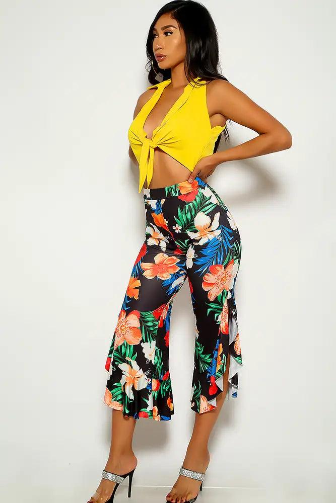 Sexy Yellow Floral Printed Front Tie Two Piece Outfit - AMIClubwear