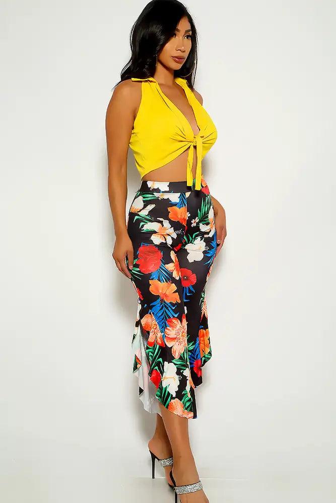 Sexy Yellow Floral Printed Front Tie Two Piece Outfit - AMIClubwear