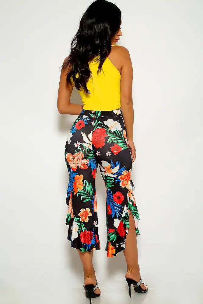 Sexy Yellow Floral Printed Front Tie Two Piece Outfit - AMIClubwear